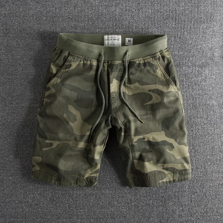 Washed Camouflage Shorts Men's Casual Style Belted Loose Fit Youthful Summer Fashion Straight Leg Workwear Knee-Length