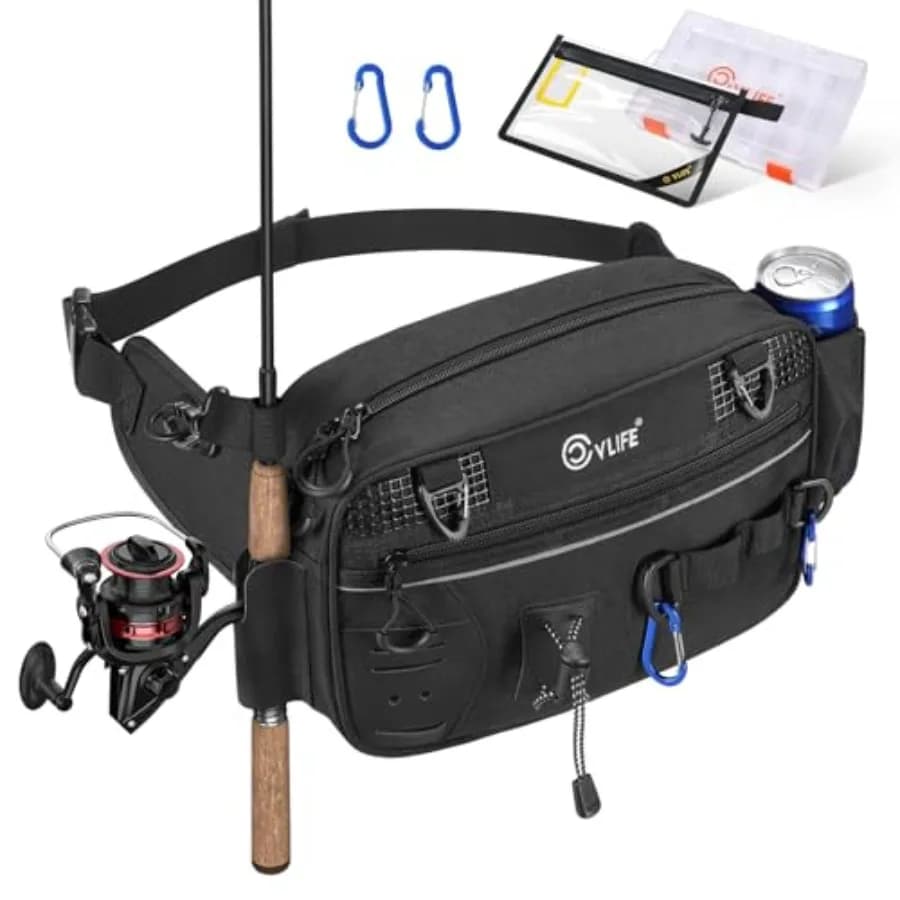 Fishing Tackle Bag Waist Pack with Rod Holder, Water Resistant Fanny Pack Includes 3600 Tackle Box, Waterproof Pouch and Carabi
