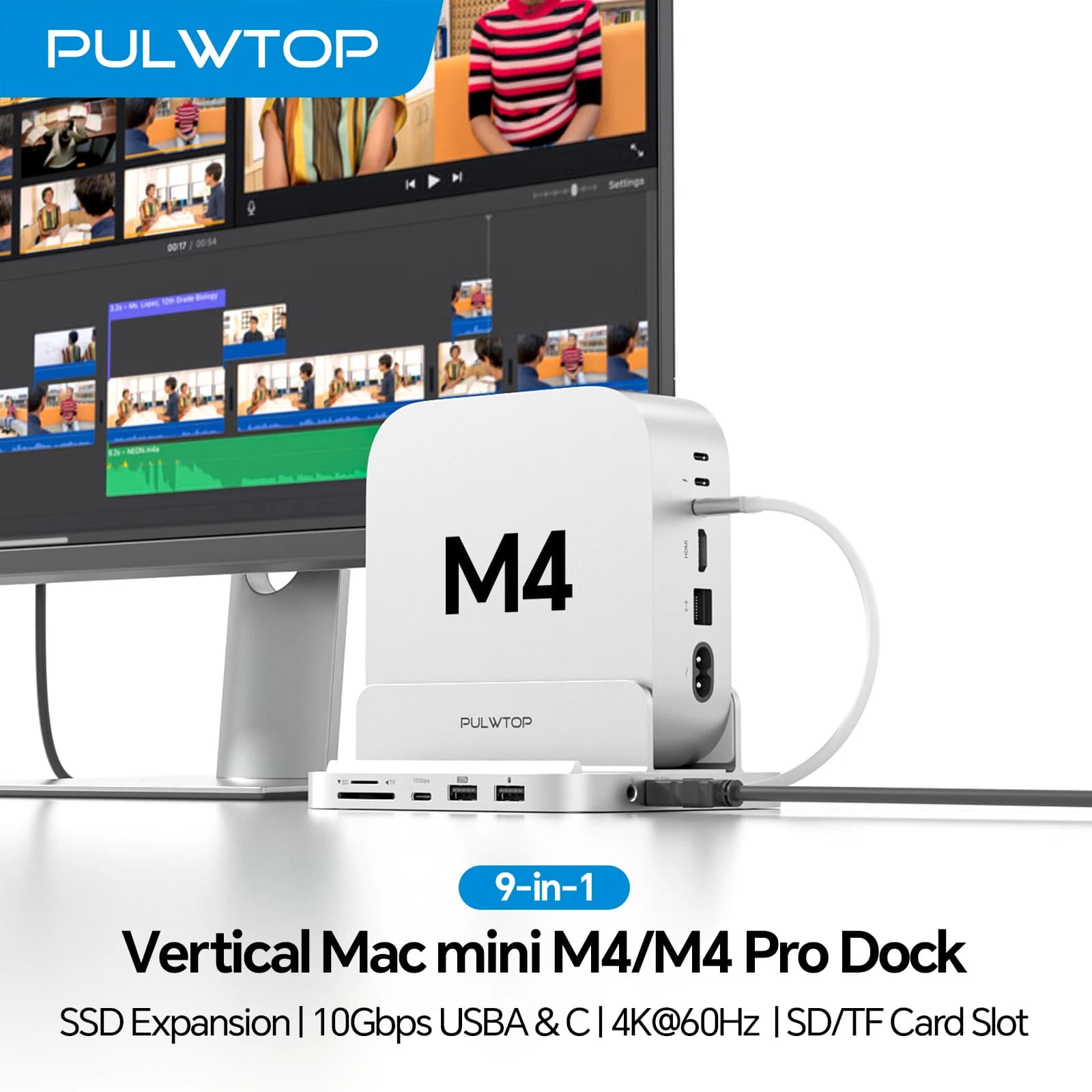 Dock PULWTOP Mac mini M4 con custodia SSD HDMI 4K e M.2, supporto hub USB-C per hub Mac mini M4 Pro, USB-A/C 10 Gbps, audio, SD/TF