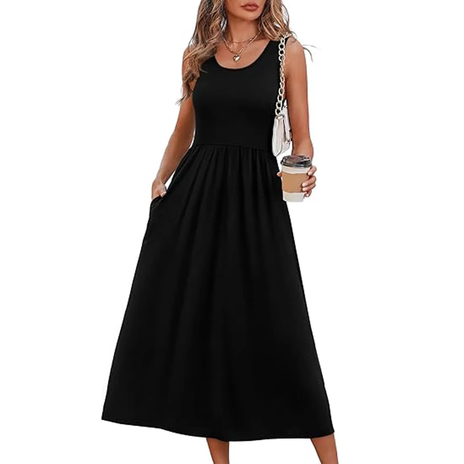 Abito estivo da donna bianco con stampa sul collo, senza maniche, con tasche, stile europeo e americano.