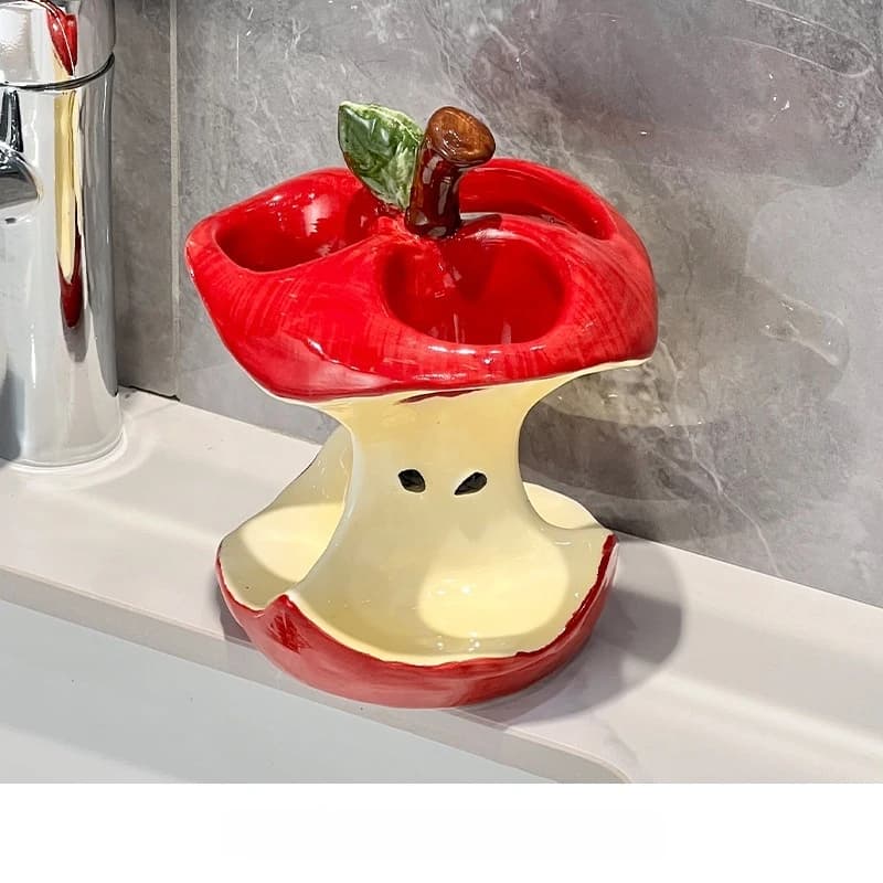 Portaspazzolino in ceramica a forma di mela mossa, con base di drenaggio, decorazione creativa e simpatica per il lavabo del bagno, uso quotidiano