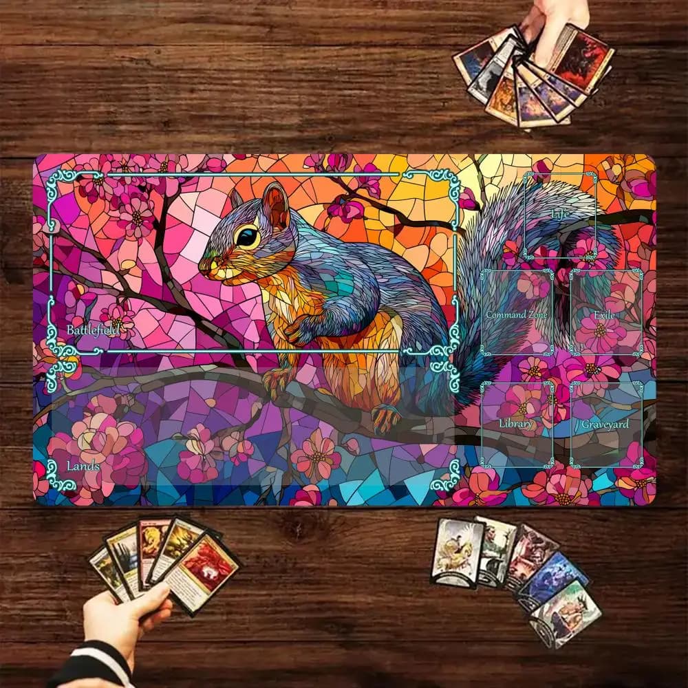 Tappetino da gioco Magic Card Battle Mat MTG con fiori di ciliegio e scoiattoli, base antiscivolo, tappetini da gioco per TCG