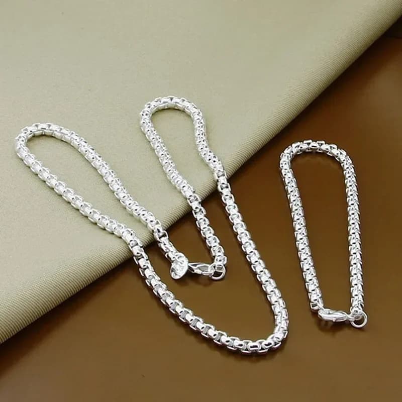 2 pezzi set 45-60cm Retro argento placcato 4mm catena collana braccialetto set per donna uomo matrimonio fidanzamento gioielli di fascino