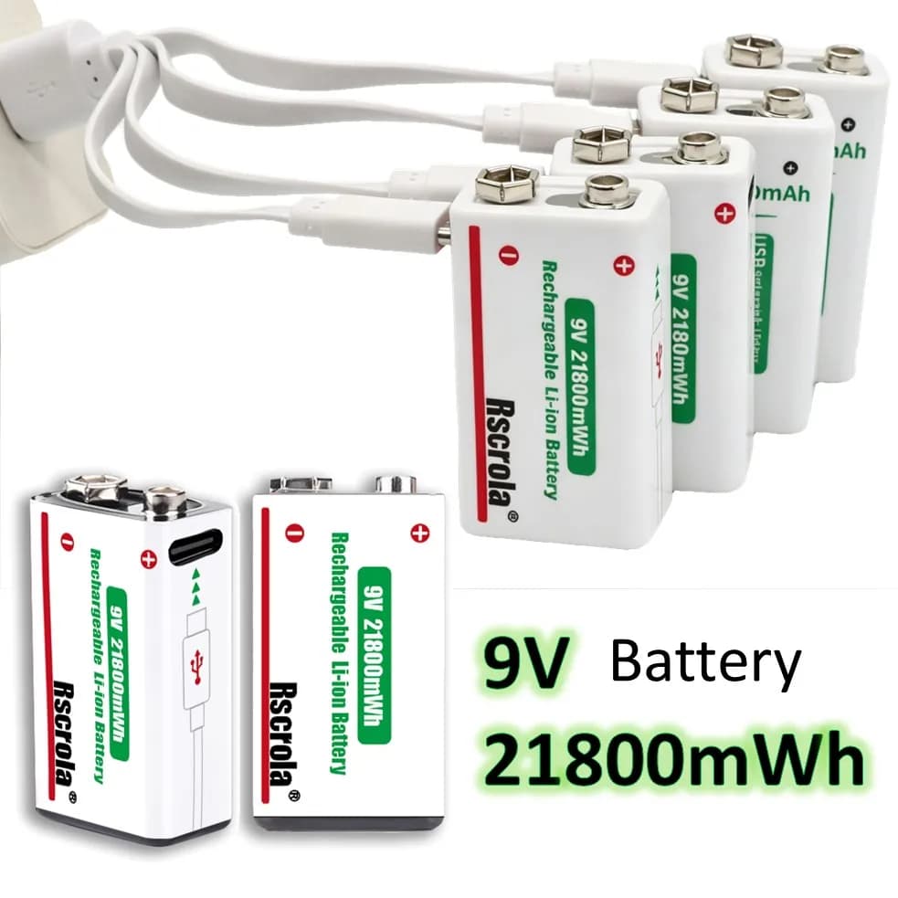 Batteria ricaricabile agli ioni di litio da 9V, 21800mWh, con cavo di ricarica Type-C, per rilevatore di fumo, allarme antincendio