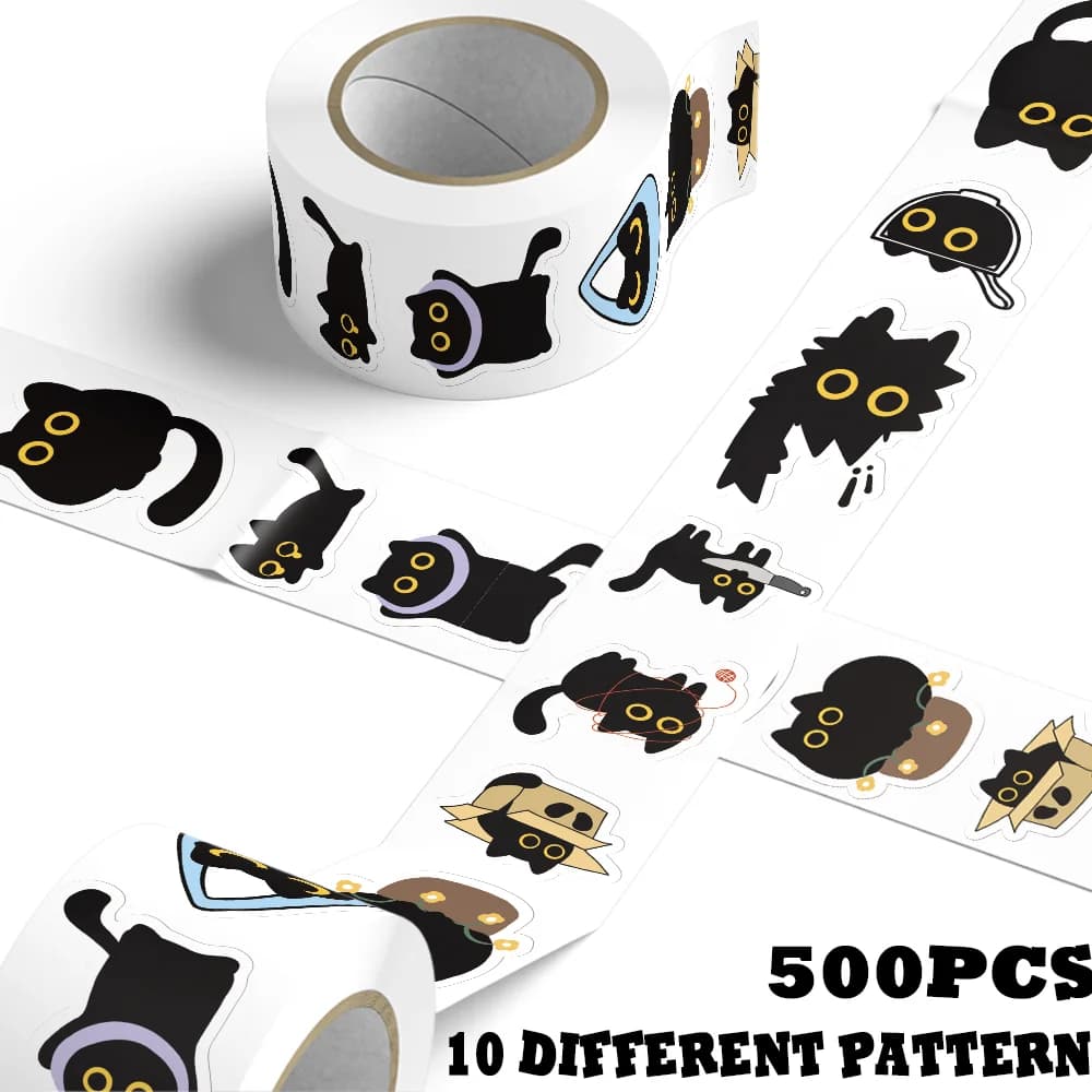 500 pz/rotolo Gatto Nero Roll-Up Adesivi Cartoon Decorativo Laptop Scrapbook Scatola di Immagazzinaggio FAI DA TE Adesivi di Tenuta Tazza di Acqua Decalcomanie