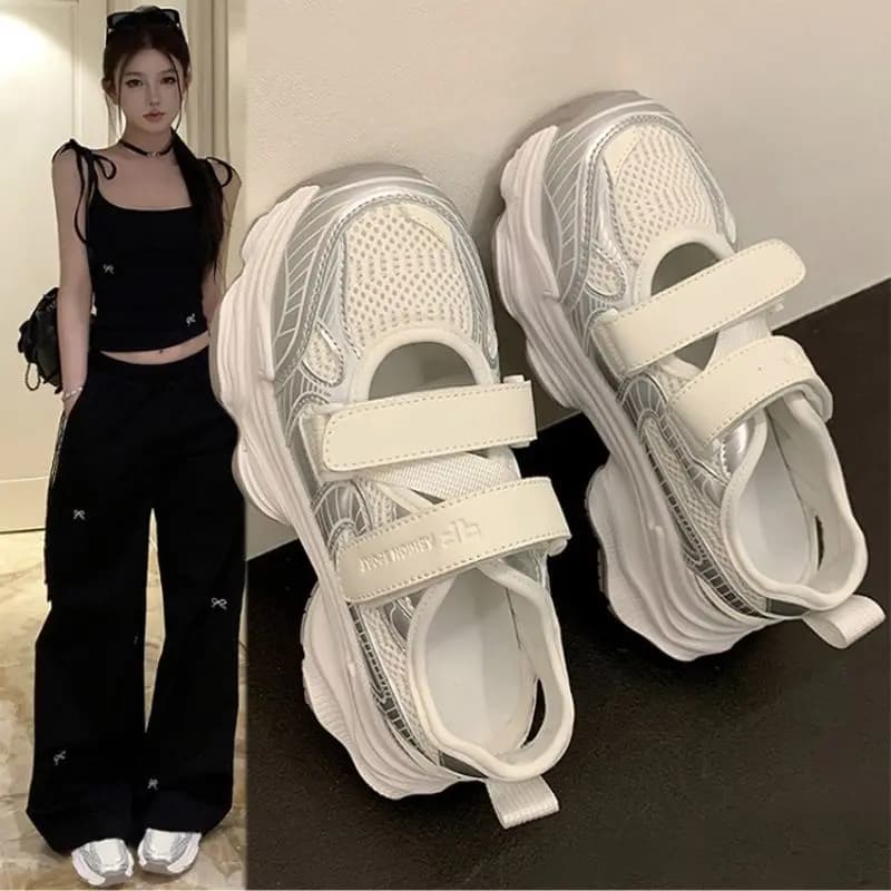 Metallic Silver Hollow Out Platform Sandals Women Double Velcro Strap Mesh Breathable Thick Sole Sport Outdoor Walking Footwear