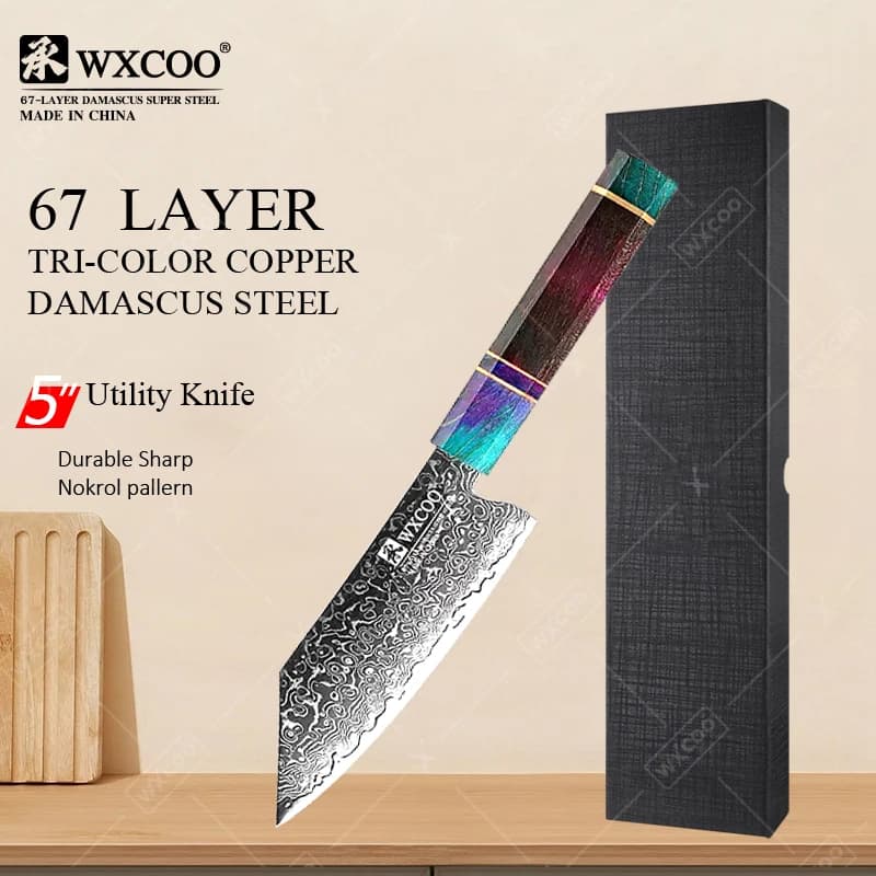 TAMZUO Coltello multiuso in stile giapponese Coltello da cucina durevole in acciaio di Damasco per tagliare la mannaia Coltello per frutta e verdura con scatola