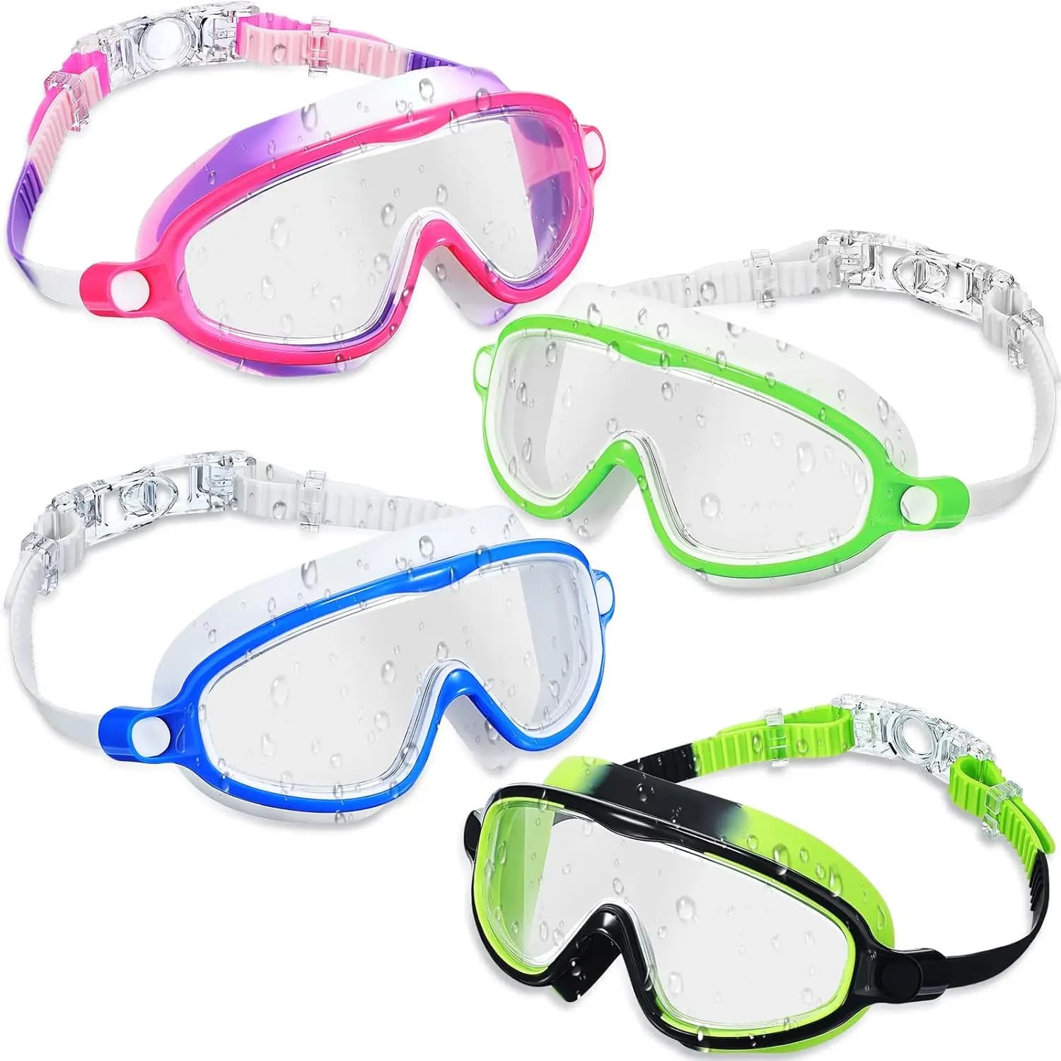 Pack of 4 swimming glasses for children from 3 to 15 years old, anti-fog, wide vision, without water leaks, with adjustable strap