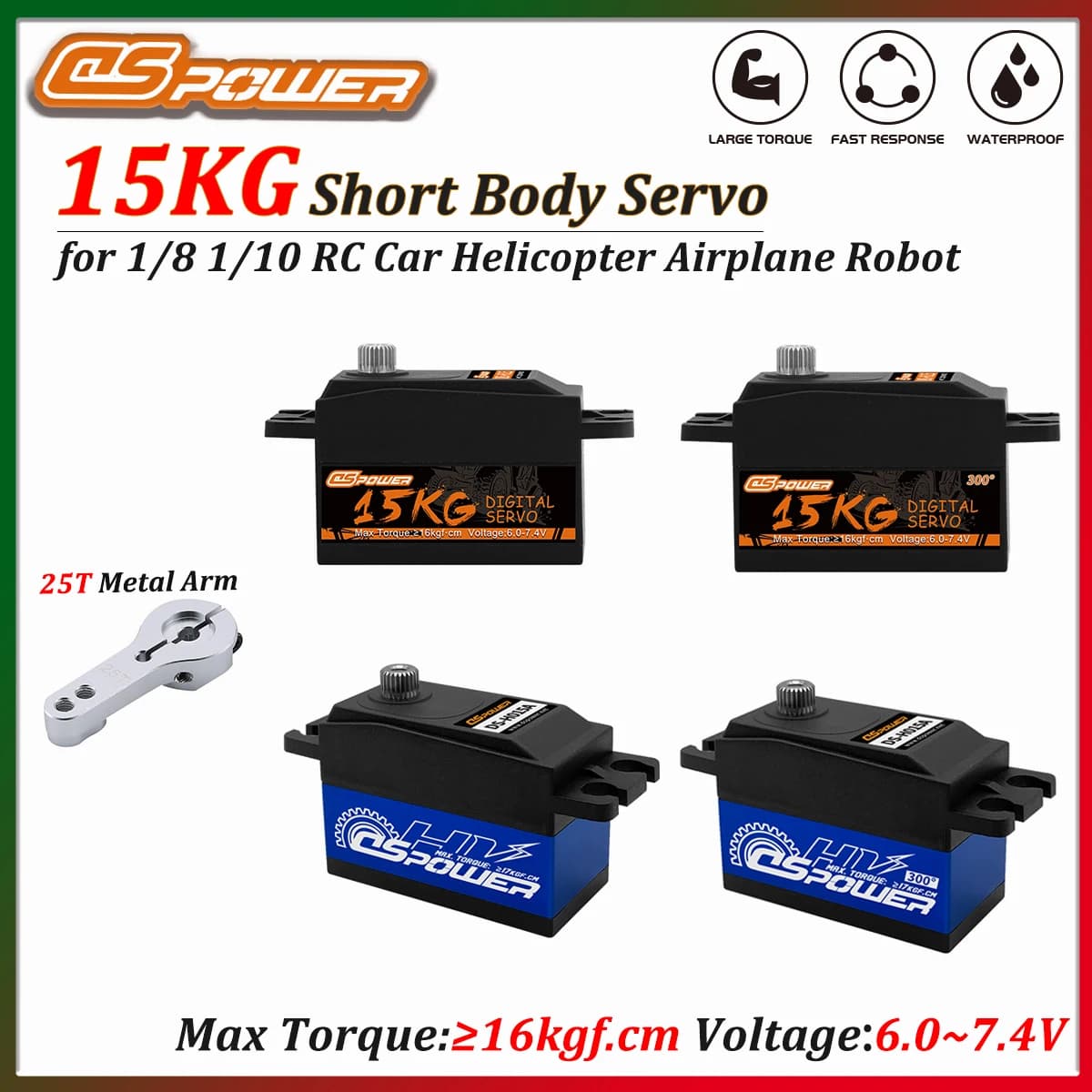 Dspower 15KG Corpo Corto Metal Gear Servo Digitale LargeTorque Alta Precisione 180 ° / 300 ° per aereo elicottero per auto RC 1/8 1/10