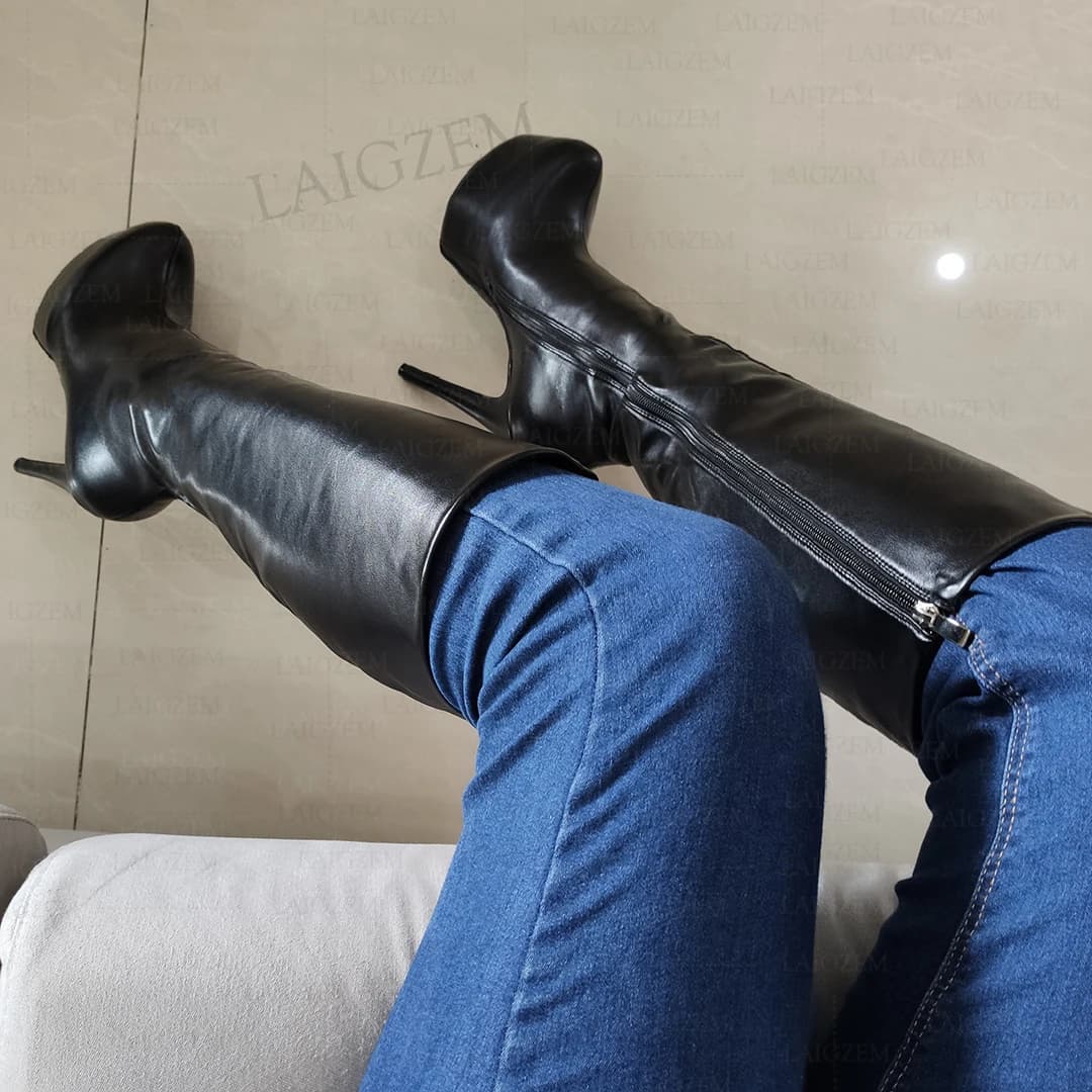 LAIGZEM Stivali alti da donna con plateau al ginocchio Zip intera Tacchi alti sottili Stivali alti Scarpe fatte a mano da donna Donna Plus Size 38 42 46 52