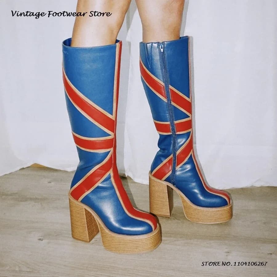 Knee boots with patchwork leather platform British style boots with round toe and thick heel Western boots with growing spring autumn height