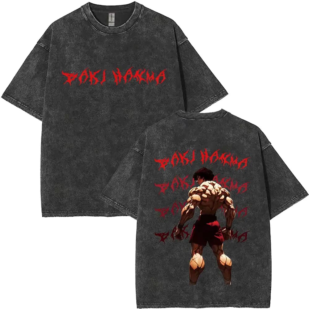 T-shirt Y2k con Collo Tondo per Uomo, Nuova Collezione Top e Magliette, T-shirt Vintage Lavata con Stampa Anime Baki The Grappler