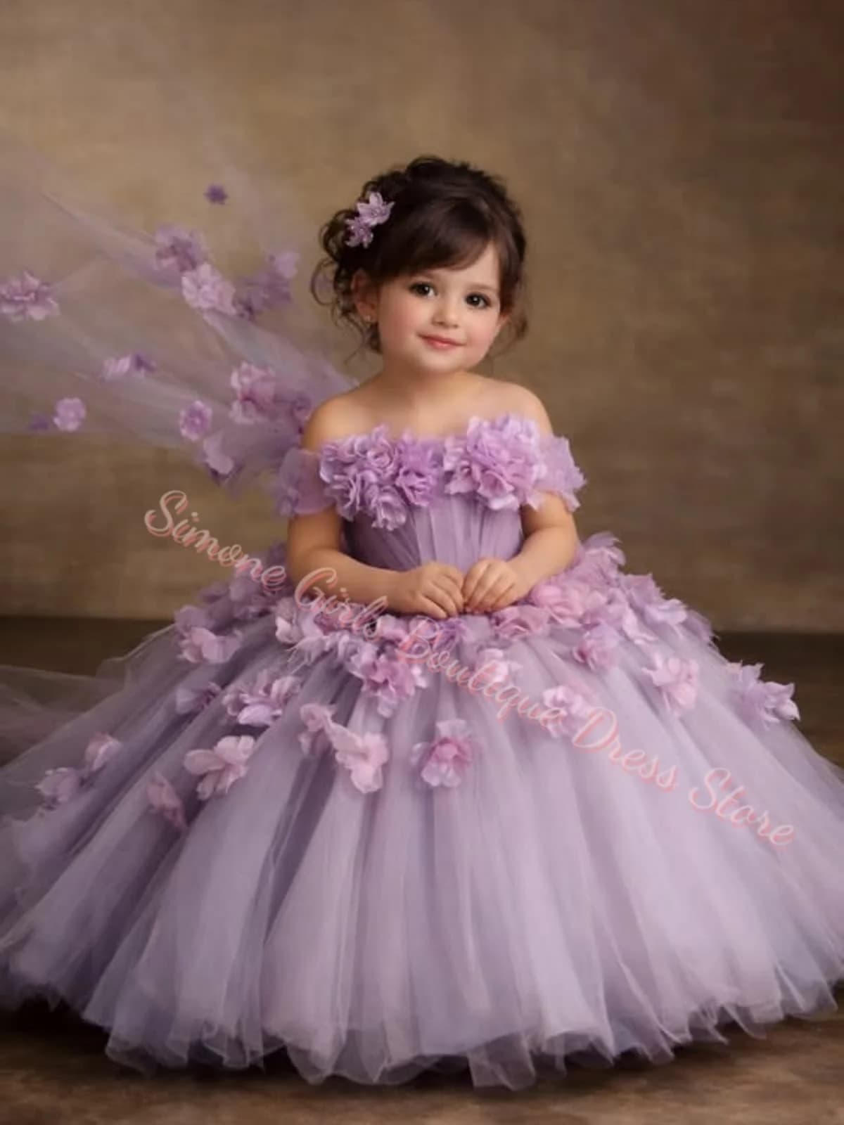 Abito da damigella viola personalizzato per matrimonio, in tulle con applicazioni 3D, abito da principessa gonfio per bambina, compleanno, prima comunione, abito da ballo