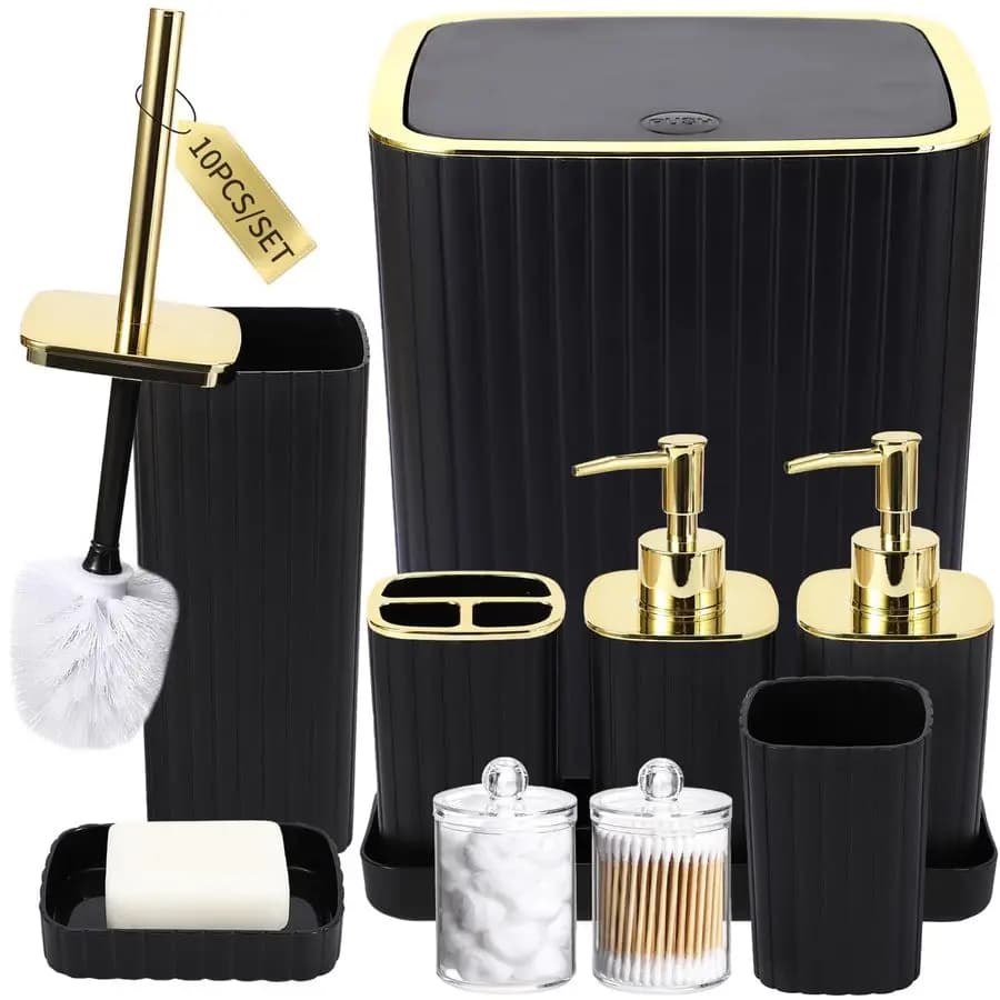 Set di Accessori Bagno Nero Splendido, Set di 10 Pezzi, Spazzola per WC, Cestino, Porta Q-tip e Dispenser Sapone