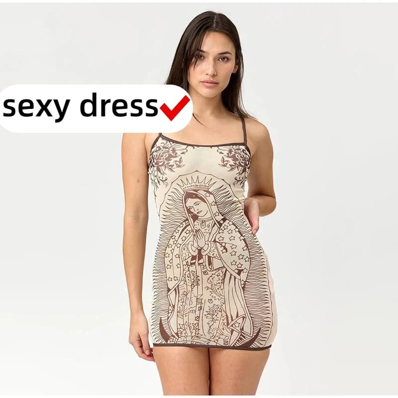 High Elasticity Dress Women Art Print Low-neck See Through Skinny Sexy Midnight Summer Trend Chic Hottie Mini Bodycon Nightdress