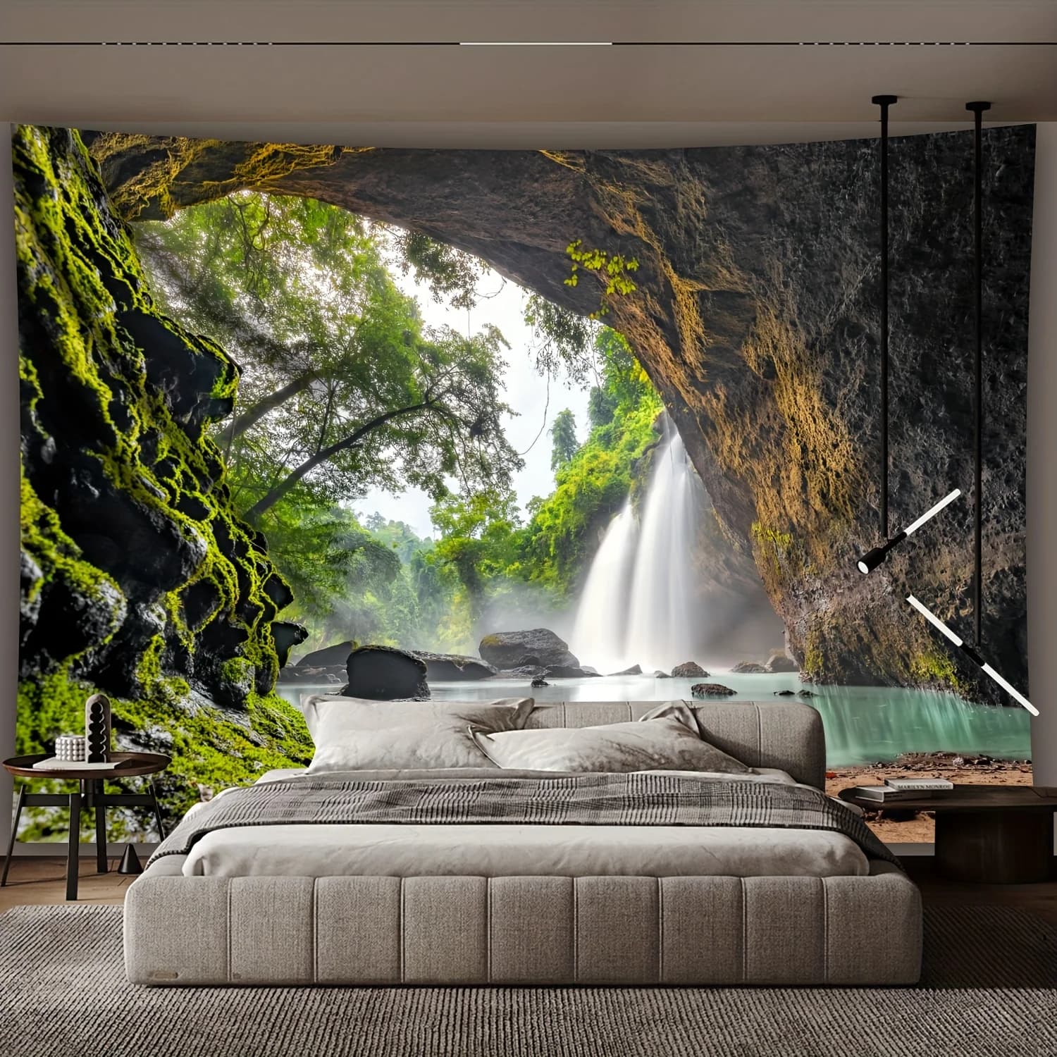 Waterfall Cave Tapestry Nature Scenic Wall Hanging Tropical Forest Relaxing Decor for Bedroom Meditation Yoga Studio Calm Vibe