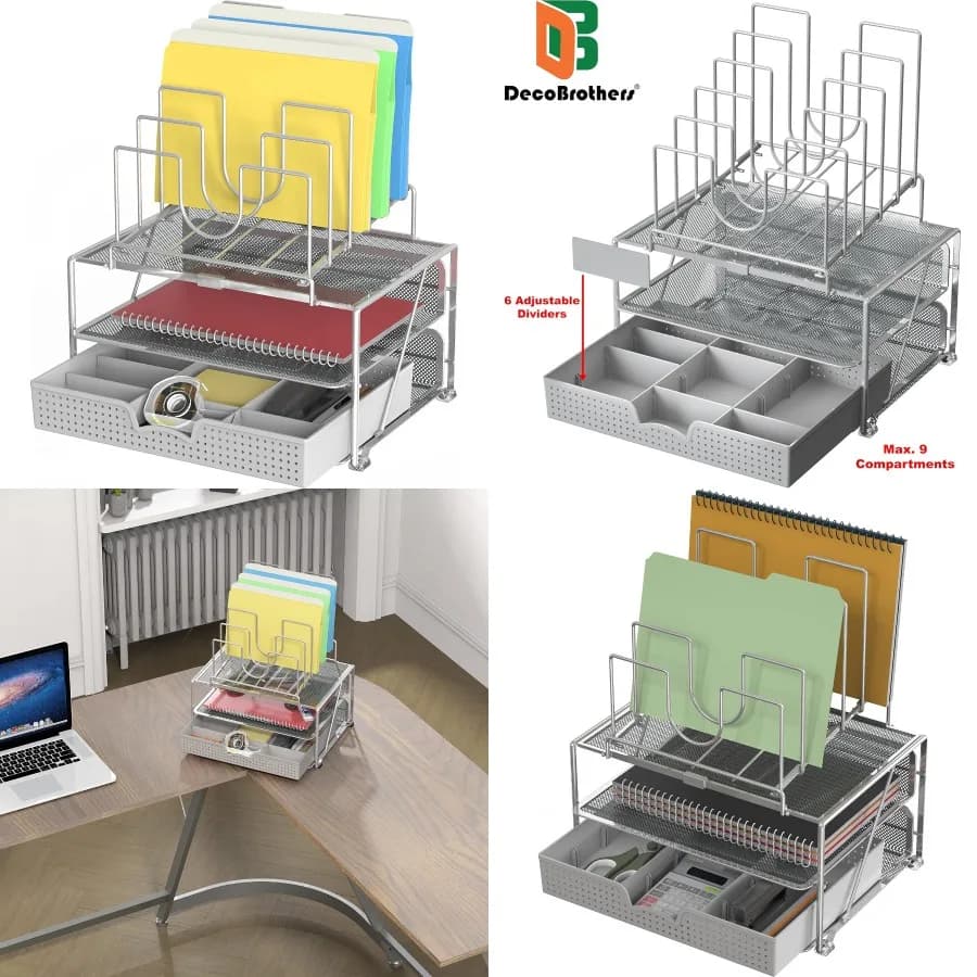 DecoBrothers Organizer per documenti da tavolo con doppio vassoio e supporto per 5 cartelle in argento per una gestione efficiente della scrivania dell'ufficio perfetta