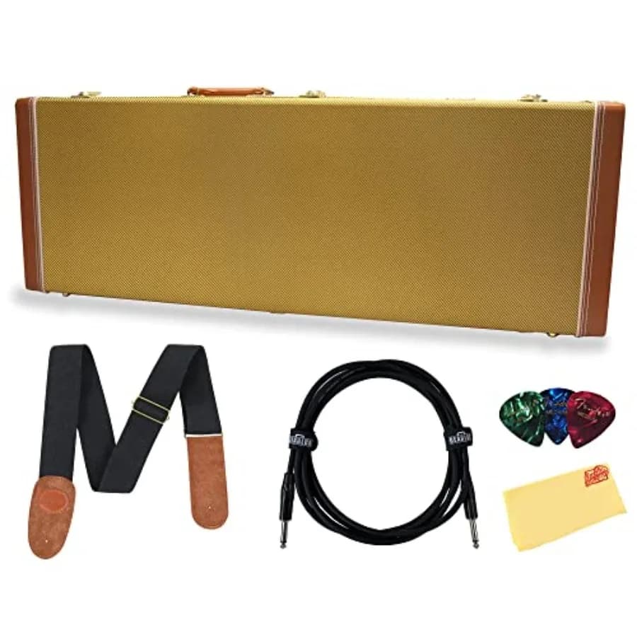 Custodia Deluxe in Legno per Chitarre Elettriche Stile Strat/Tele - Set Tweed con Plettri, Tracolla, Cavo per Strumento e Austin Bazaar Polis