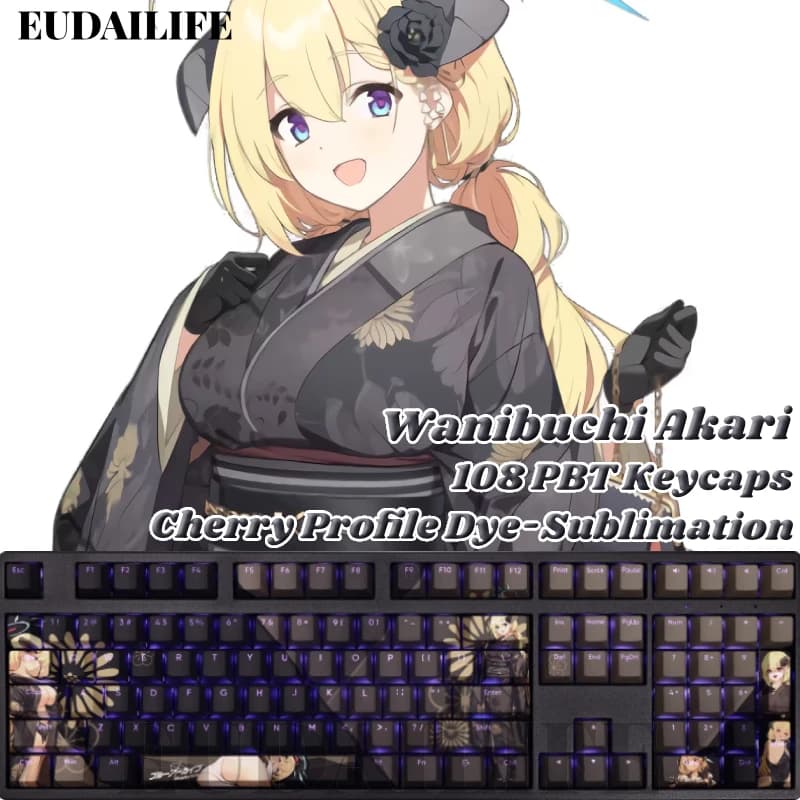 Wanibuchi Akari 108 Keycaps Blue Archive PBT DYE Sublimation Light translating Cherry Cross Axis Switch for Mechanical Keyboard