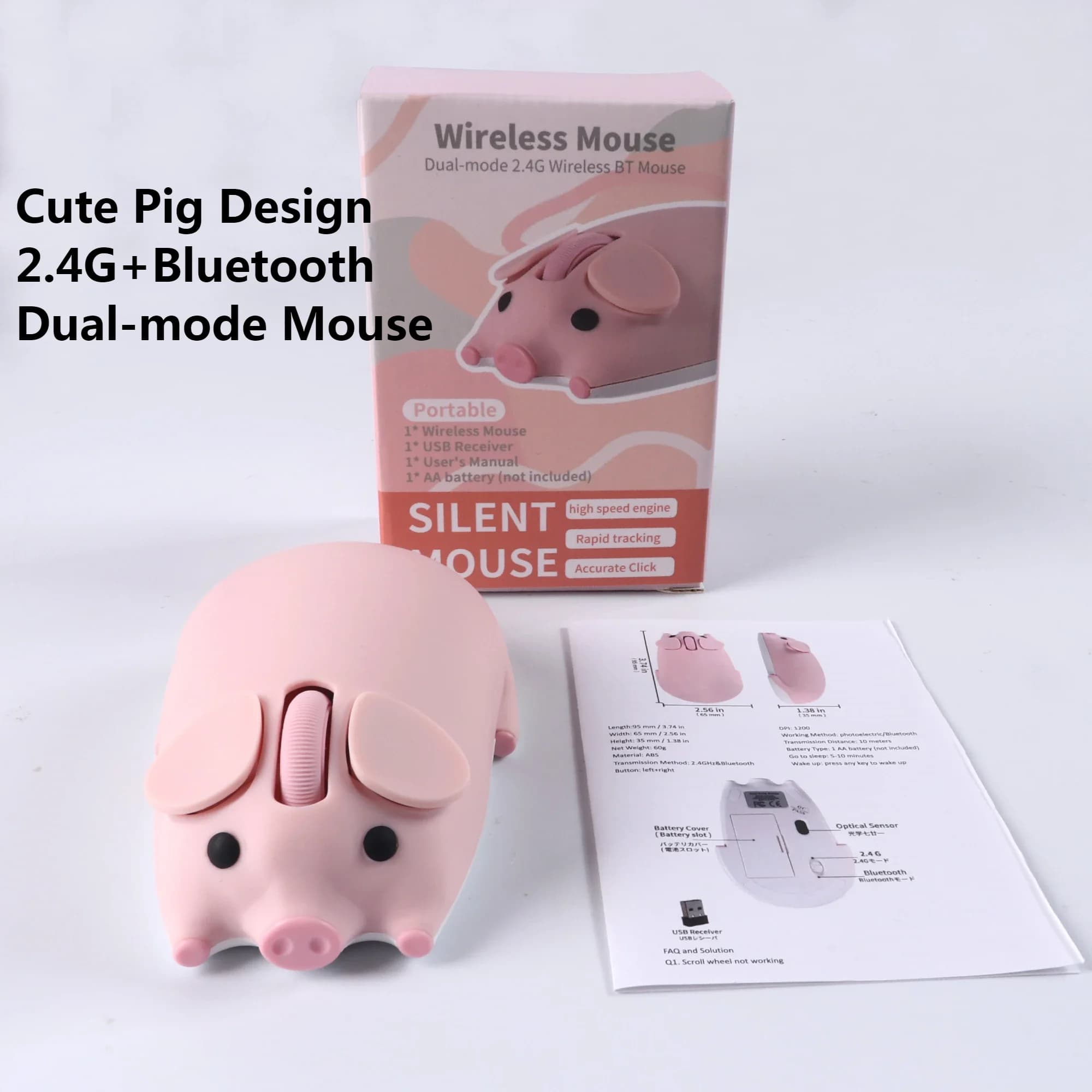 Cartoon Pig Design Mouse per computer Dual-mode 2.4G + Bluetooth Simpatici mouse ottici ergonomici Gioco PC portatile Universale per regalo per ragazza