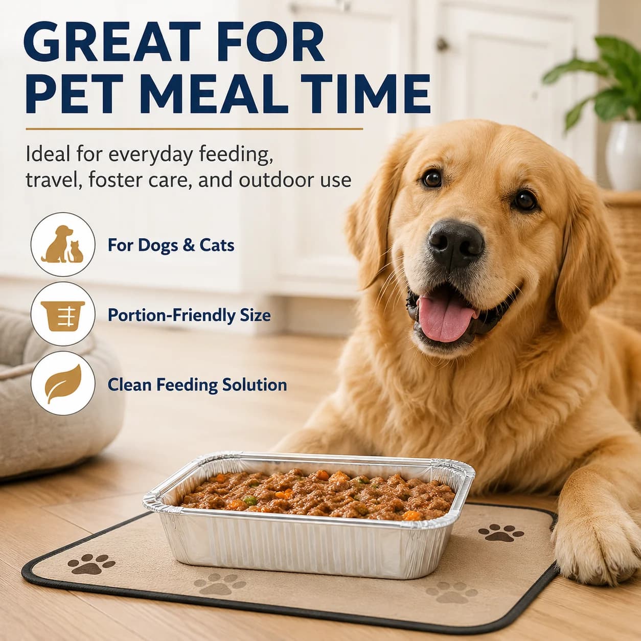 Rectangular Disposable Foil Pet Food & Water Bowls with Lids, 7.2 Inch Portable Aluminum Feeding Pans for Dogs, Cats, Travel, Camping, Pet Boarding & Meal Freezing