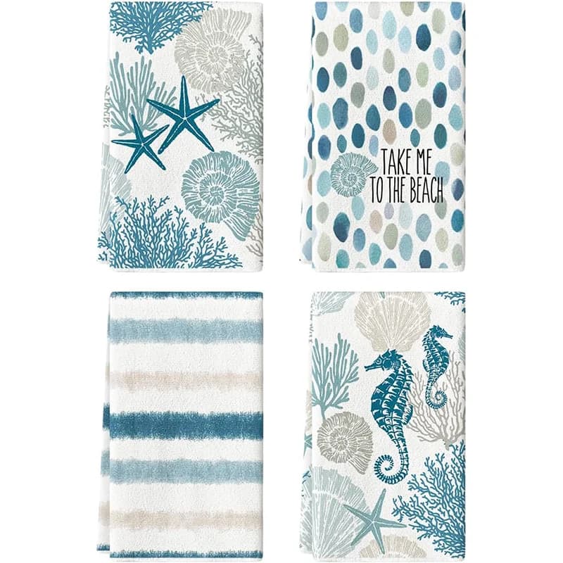 Set di 4 strofinacci da cucina estivi a righe con motivo corallo e cavalluccio marino, set di strofinacci da 40 cm x 60 cm, i migliori strofinacci da cucina, strofinacci divertenti, panno per la pulizia super assorbente e morbido, strofinacci da cucina e da forno, asciugamani per le mani, panni per la pulizia, strofinacci per piatti, decorazioni per la cucina, decorazioni per il soggiorno, articoli essenziali per la cucina, articoli essenziali per la casa