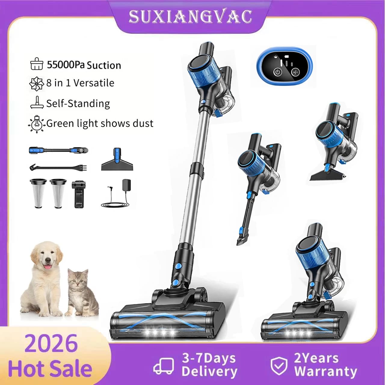 Wireless vacuum cleaner, 55Kpa/45 minutes/8 in 1, powerful suction, self-supporting, 3 suction modes, floor vacuum cleaner, carpets and pet hair
