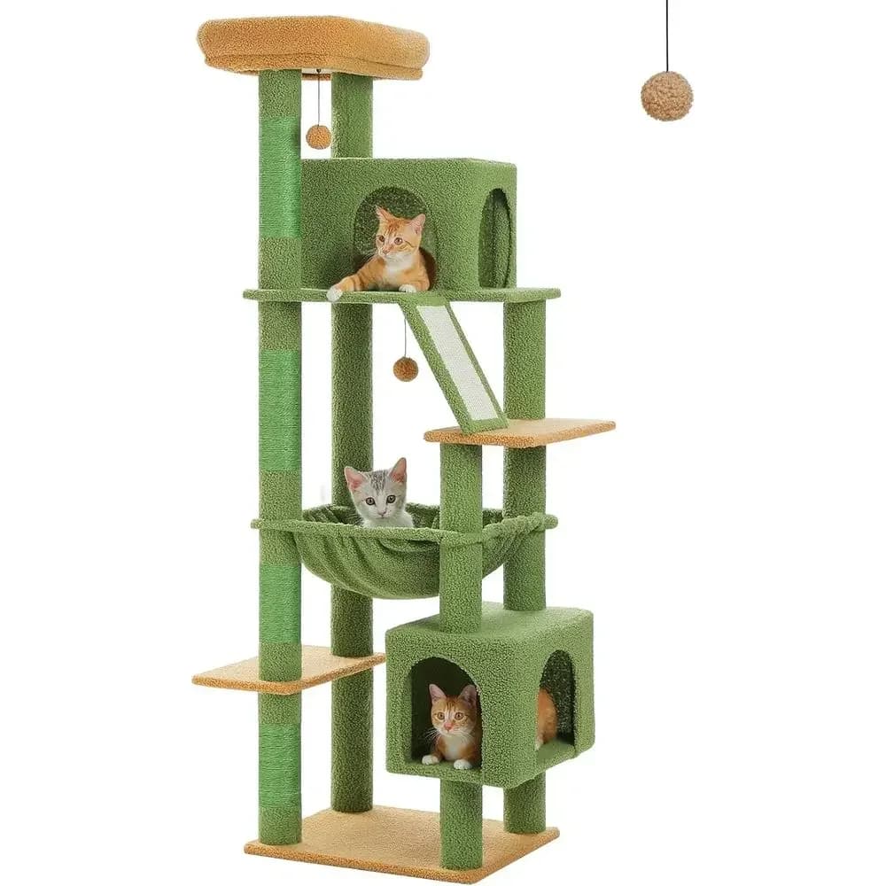 71 Multi-Level Cat Tree with Large Hammock, 2 Caves, Perch, Scratch Pad - Green
