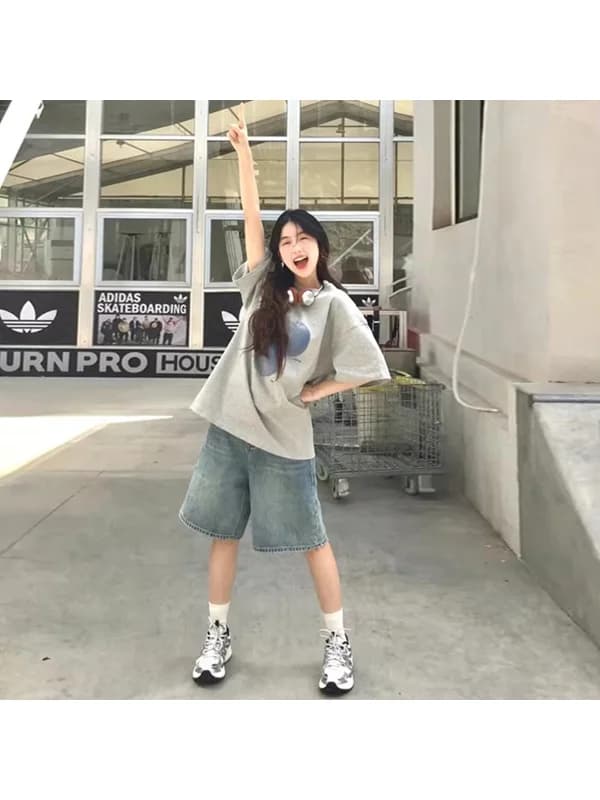 High Waist A-Line Straight Leg Denim Shorts plus Size Retro Summer Loose Fit Slimming Wide Leg Jeans Women's Short Pants