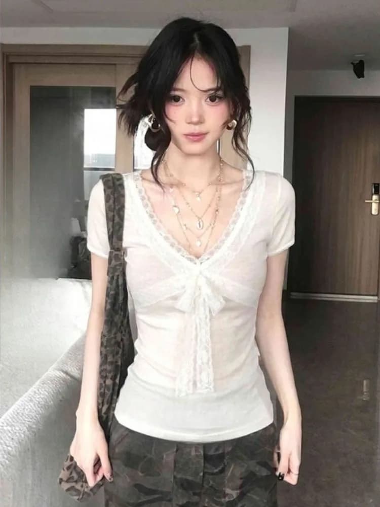 Spicy Girl Style Lace Patchwork Belted Short Sleeve T-Shirt Women Summer Pure Desire Slimming Shoulder Level Top V-Neck T-Shirt