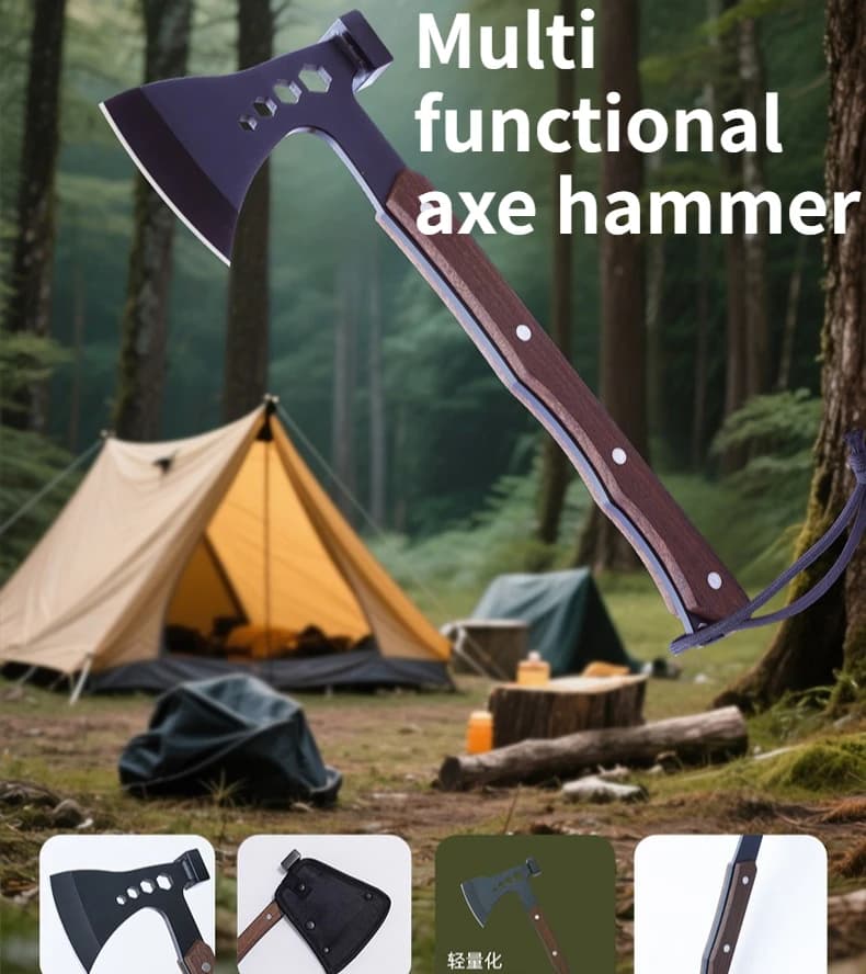 Ascia Multifunzione 2-in-1 per Esterni con Manico Antiscivolo in Legno Massello e Acciaio 420, Martello Portatile per Campeggio e Strumento EDC