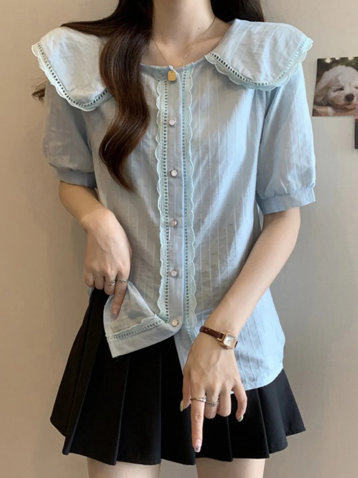 Chic Short Sleeve Baby Doll Collar Shirt Women's Summer plus Size Conceals Belly Design Sensation Top Elegant Beautiful Small...