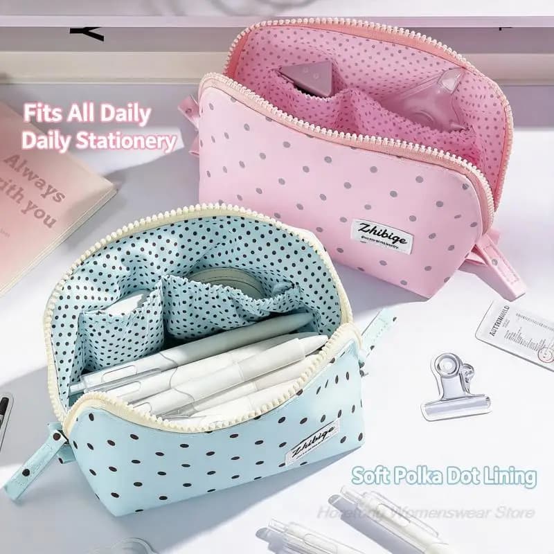 Large Capacity Polka Dot Pencil Case Waterproof Stain Resistant Pen Pouch Stationery Organizer for Middle High School Students