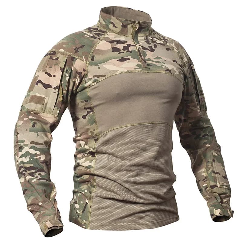 T-shirt da combattimento da caccia mimetica da uomo in cotone elasticizzato con cerniera 1/4 Camicie uniformi Camicia mimetica a maniche lunghe