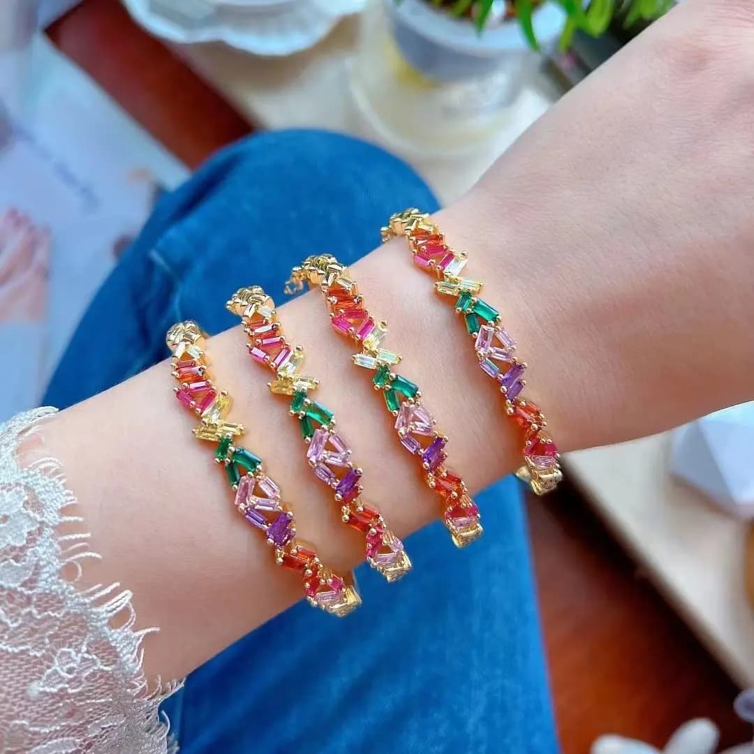 3 pezzi, splendidi braccialetti CZ color oro arcobaleno, braccialetti delicati alla moda per le donne