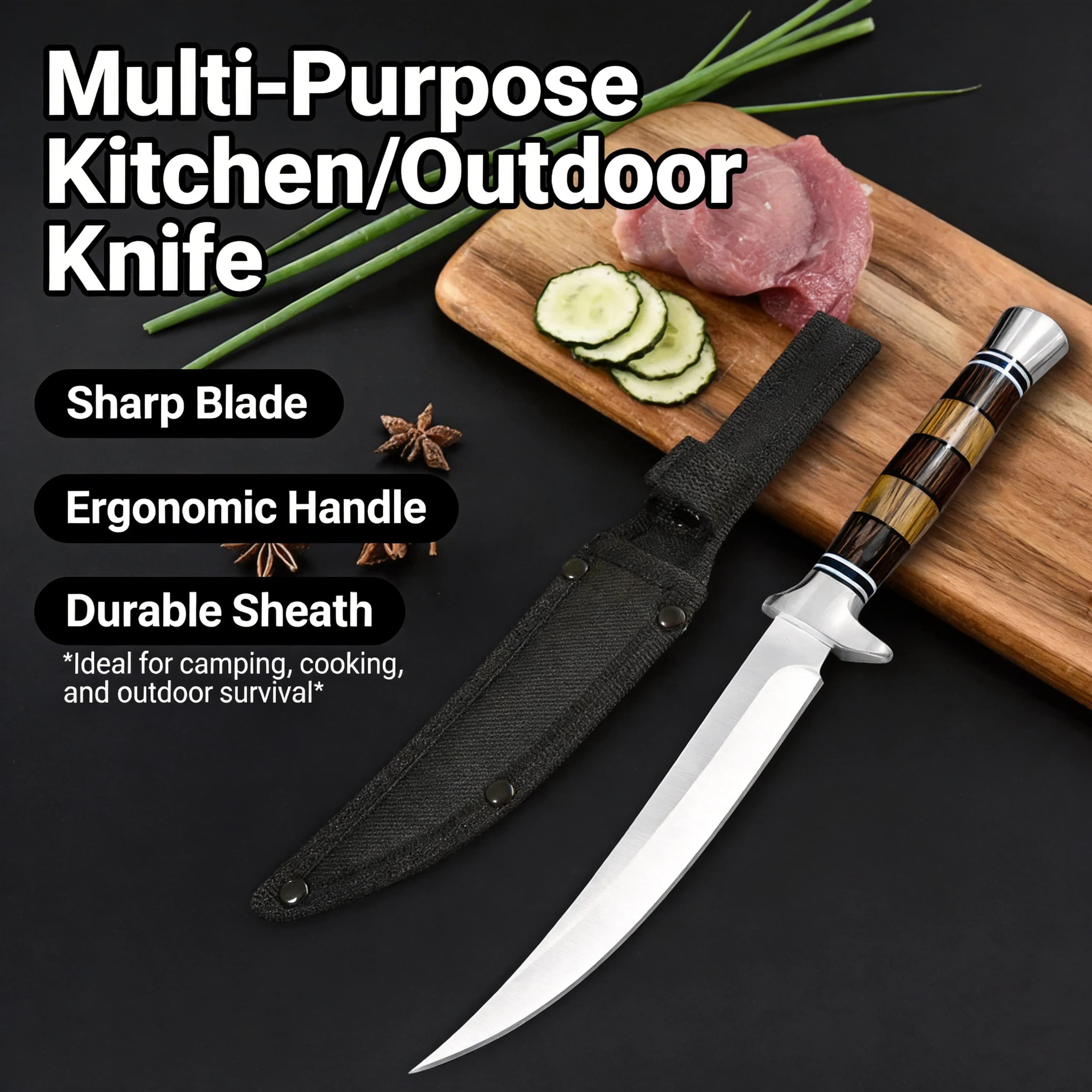 Stainless Steel Fish Filleting & Boning Knife - Precision Sharp Chef Knife with Ergonomic Wood Handle for Effortless Slicing