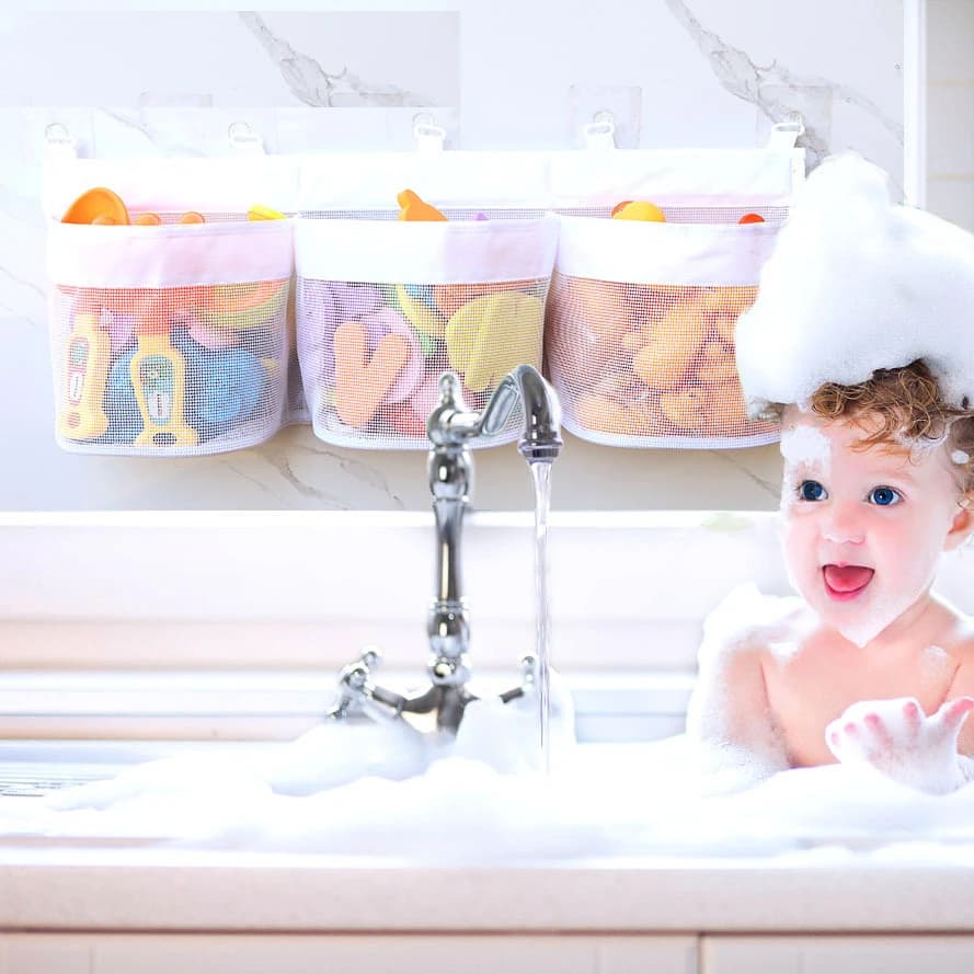 Bag for bath toys, without drilling, large capacity, in breathable mesh, anti-mould, to organize bath toys