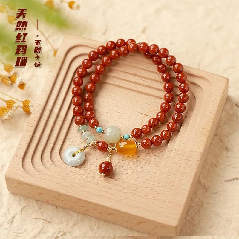 Red Agate Chalcedony Double Layer Beaded Bracelet with Peace Buckle Pendant Elegant Fashion Hand Jewelry Sweet Gift for Women