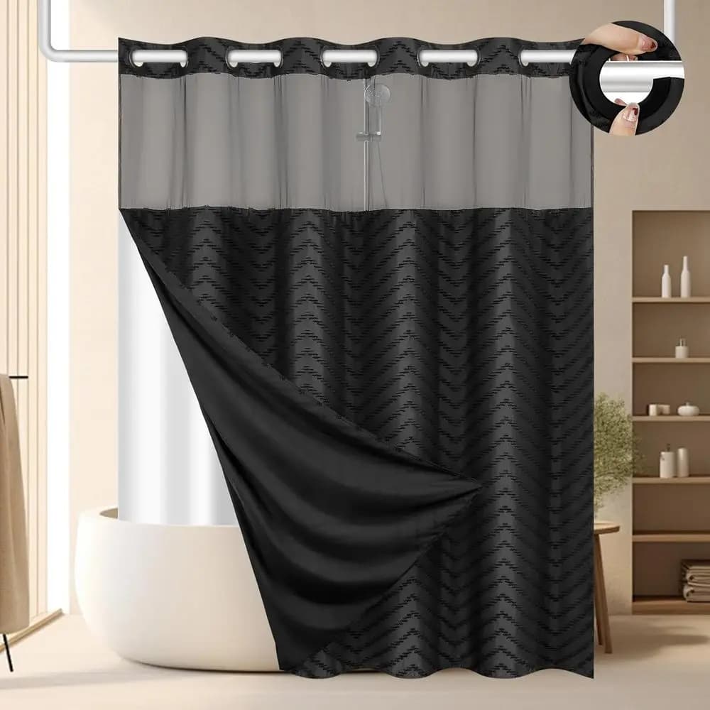 Set di tende da doccia e telo interno neri con tessuto a chevron, tenda da bagno impermeabile e lavabile con inserti trasparenti
