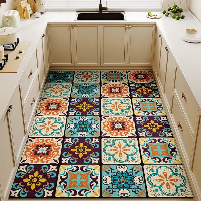 Tappeto da Cucina Impermeabile Antiscivolo, Tappetino Floreale Retrò, Tappeto in PVC Resistente all'Olio, Tappetini in Pelle per Pavimenti, Tappeti Decorativi per Casa