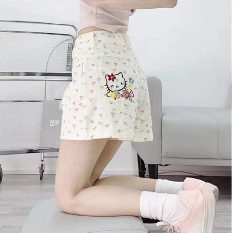 Sanrio Hello Kitty Baggy Jeans Y2K Kawaii Cartoon Women's Denim Shorts Summer Versatile High Waist Wide Leg Sweatpants for Woman
