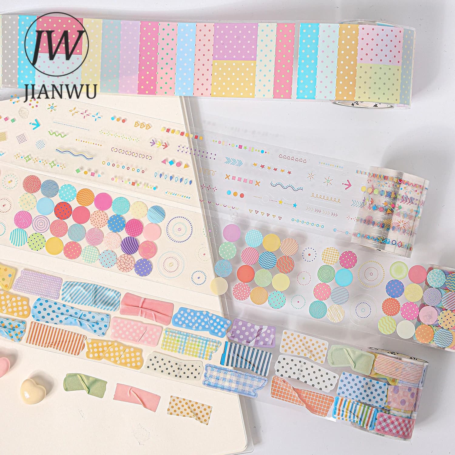 JIANWU Serie Dolcezza del Zucchero a Cinque Grani, Nastro Adesivo PET con Motivi Colorati a Pois e Paesaggi, Materiale Creativo per Collage e Fai da Te, per Diari e Cancelleria