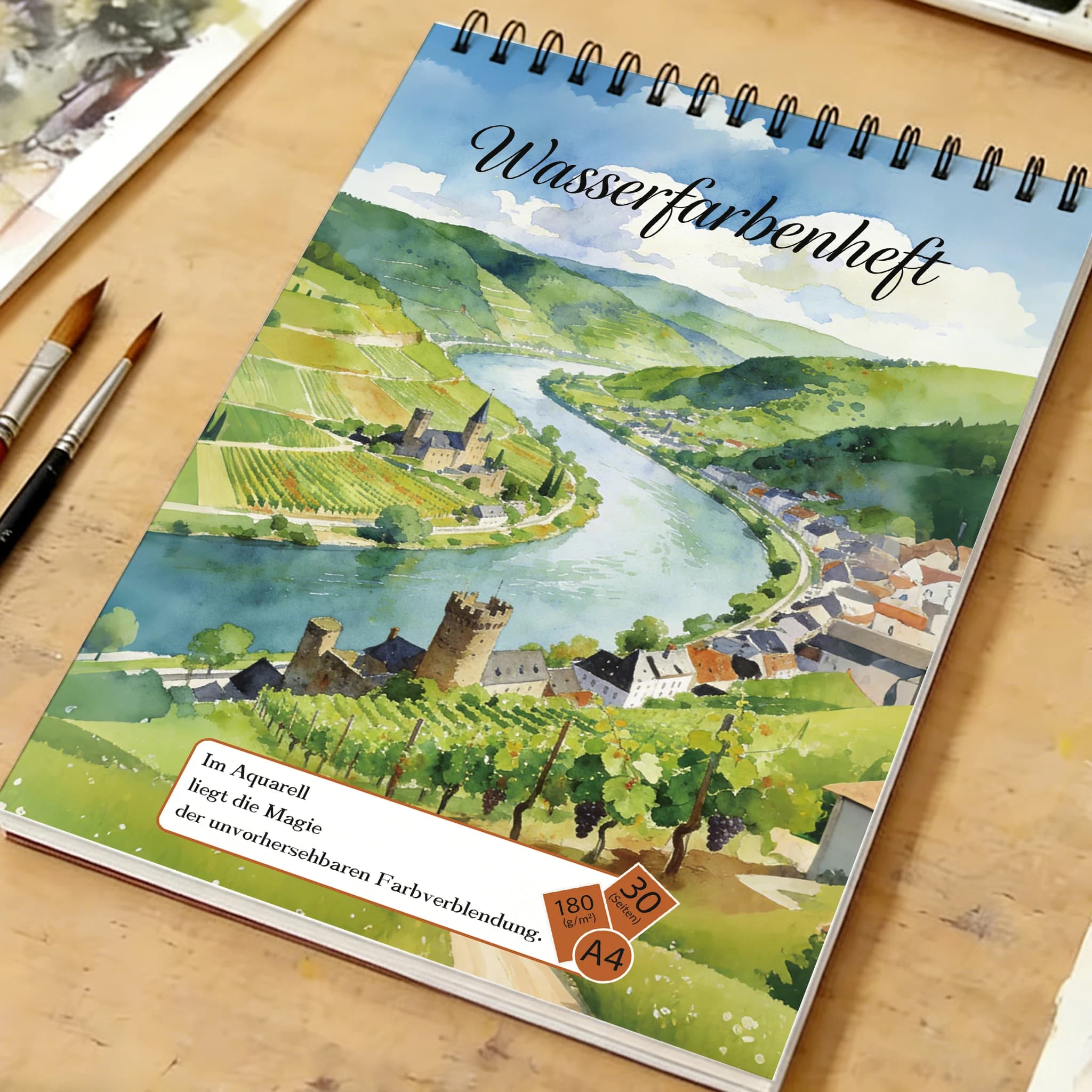 A4 Spiral Professional Watercolor Sketchbook, 30 Sheets 180gsm Acid-Free Paper, River Bend Vineyard & Castle Cover, Ideal for Ar