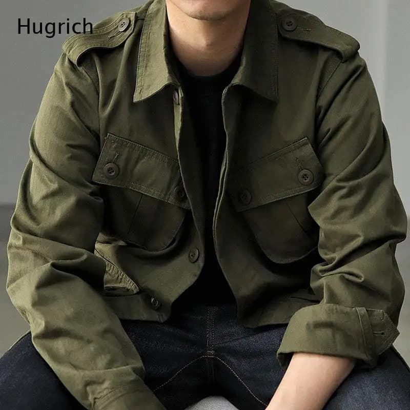 Men's Lightweight Cotton Army Green Epaulet Multi-Pocket Military Field Jacket
