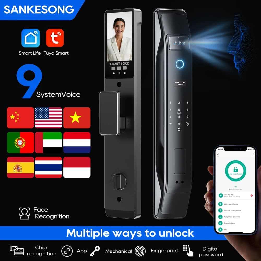 SANKESONG Tuya Smart 3D Face Door Lock Security Camera Monitor Smart Digital Impronta Password Biometric Electronic Key Lock