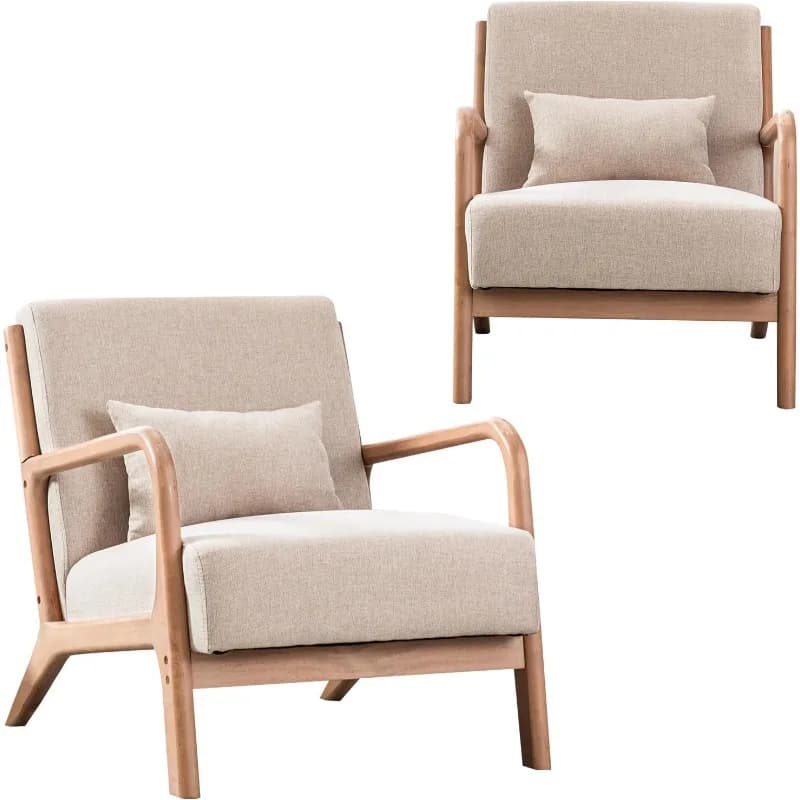 INZOY Mid-Century Modern Accent Chair Set of 2, Upholstered Living Room Chairs with Waist Cushion, Reading Armchair