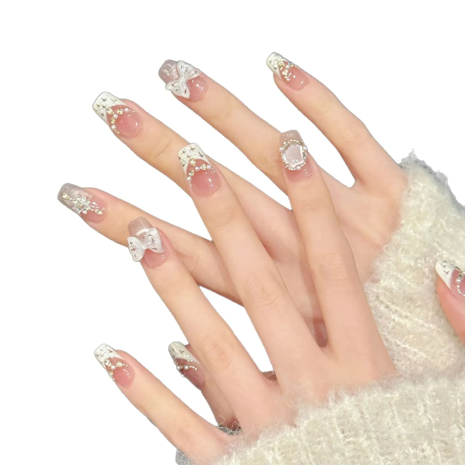 10 pcs. Fin Nails Press-on Sweet Style, Glitter to Squares, French Fin Nails, Fin Nails Effect Pink Cat Eye Sakura, Nail Art with Bow and Rhinestones