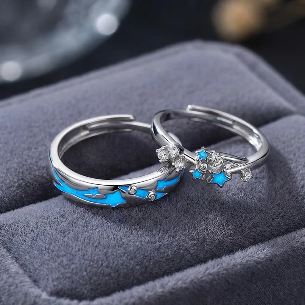Anello con stella luminosa verde blu scuro che si illumina al cuore Anello con cuore fluorescente per donna Uomo Coppie Anelli per dito Gioielli luminosi regolabili