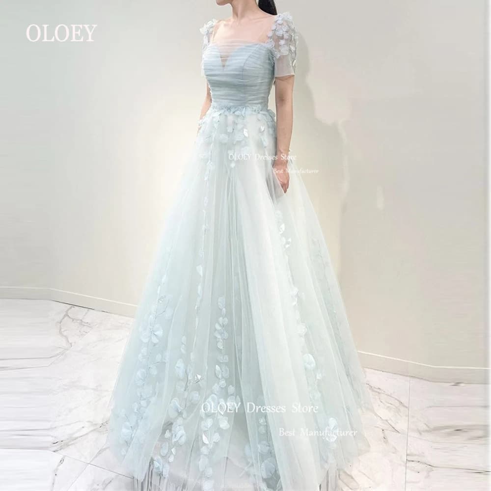 OLOEY Fata Azzurro Tulle Abiti da ballo Corea Lady Maniche corte Fiori 3D Matrimonio Servizio fotografico Abiti da sera Festa in giardino