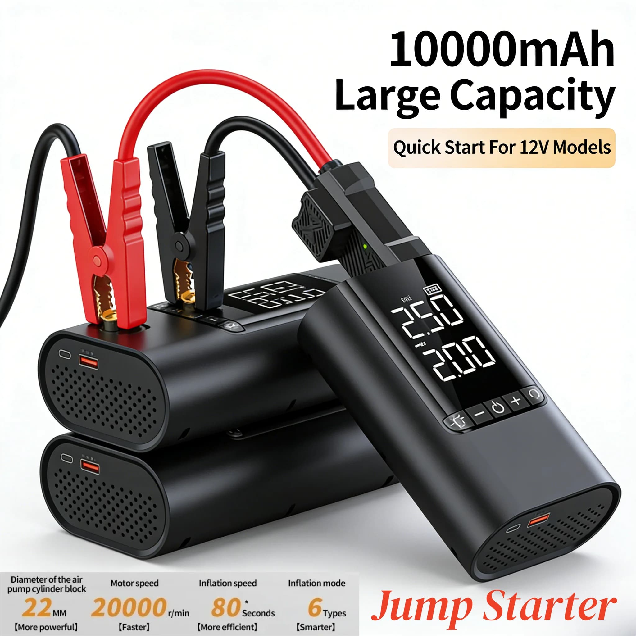 Ultimo Modello di Avviatore d'Emergenza 10000mAh 12V con Compressore d'Aria 150PSI, Gonfiatore Pneumatici Portatile per Veicoli
